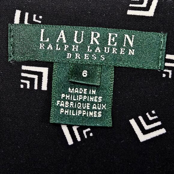 Lauren Ralph Lauren Dress Size 6 Black White Geo Print Long Sleeve Midi Y2K - Picture 5 of 10